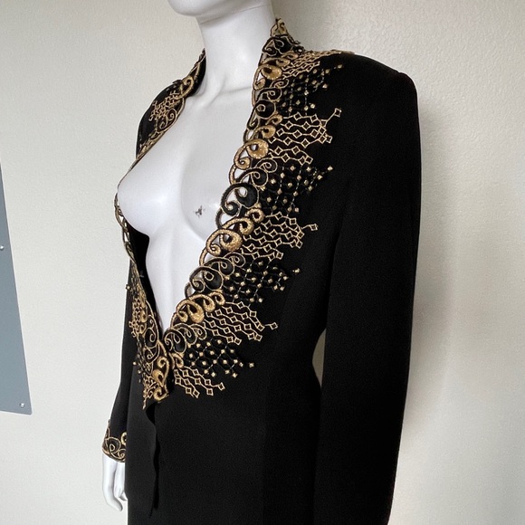 Vintage 90’s Black Gold Long Sleeve Collar appliqué Glam Blazer Jacket CasaDei - Picture 6 of 14